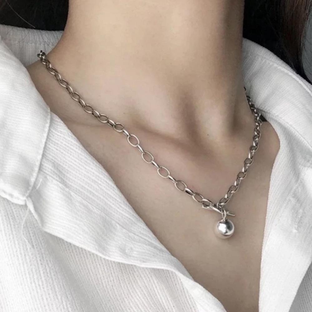 Minimalist Silver Toggle Necklace with Polished Sphere - Picture 2 of 6